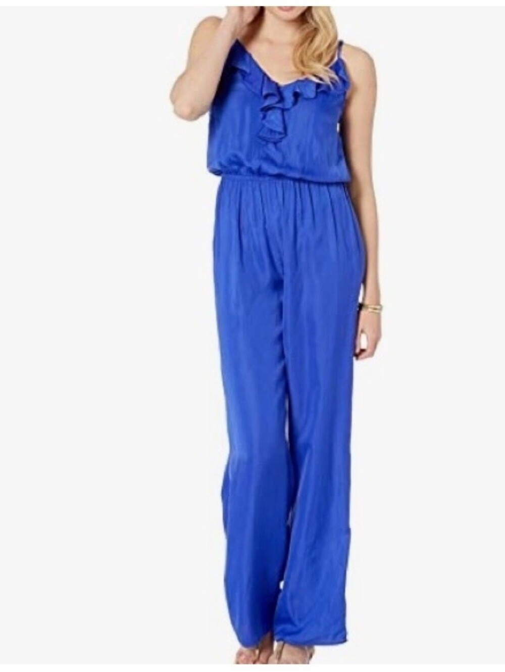 Lilly Pulitzer Royal Blue Ruffled V-Neck Wide-Leg Jumpsuit Quiet Luxury NWT